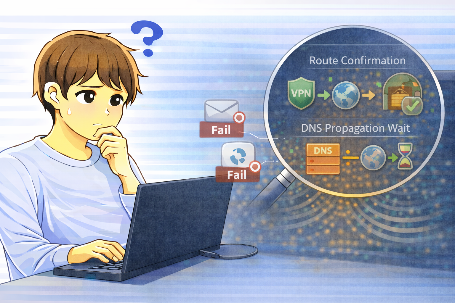 VPN接続直後に一部アプリの通信が確立せず、経路確定やDNS反映を待っている状態を確認するノートPC利用者のイラスト