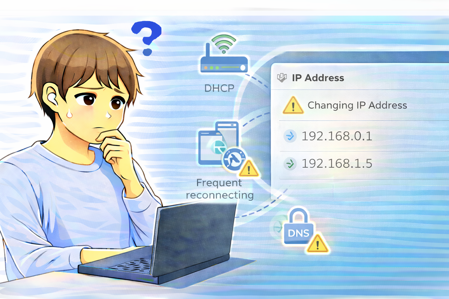 IPアドレスが頻繁に変わる状態をノートパソコンで確認し、原因を考えている男性のイラスト