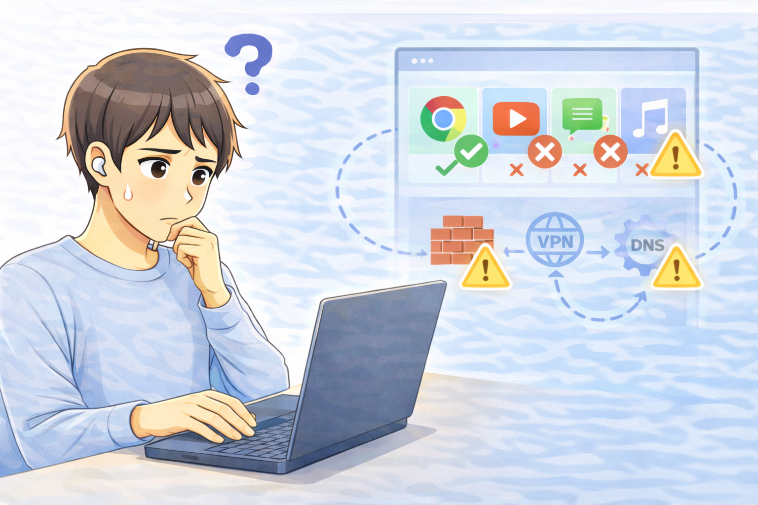 ノートパソコンを操作しながら、特定のアプリだけ通信できない状況を確認している様子を表したイラスト