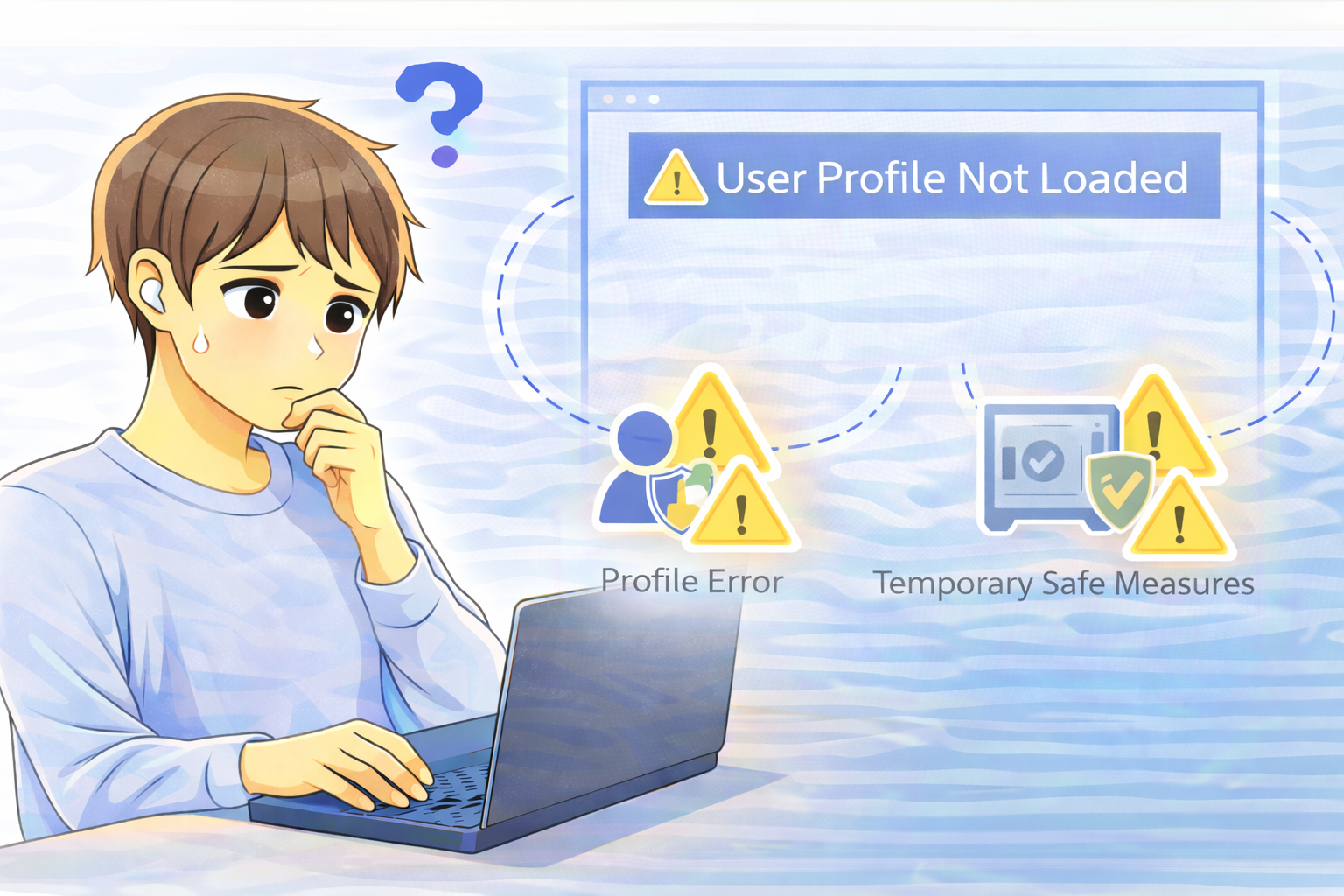 ユーザープロファイルが読み込まれず困っている男性と、右側にプロファイルエラーや一時的な対処状態を示す警告表示が描かれたイラスト