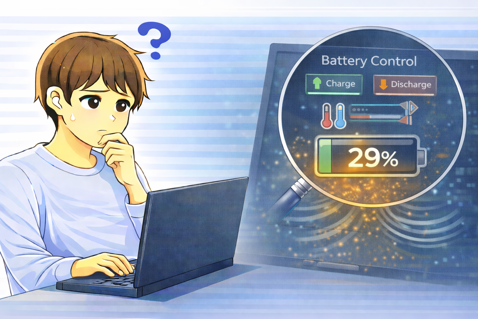 バッテリー残量が一定の割合で変化せず、充放電制御や温度補正の処理が行われている状態を確認するノートPC利用者のイラスト