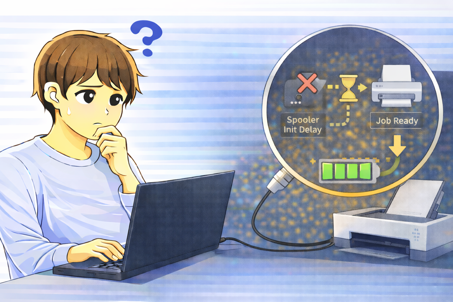 印刷開始直後に処理が進まず、スプーラの初期化や印刷ジョブ確定を待っている状態を確認するノートPC利用者のイラスト