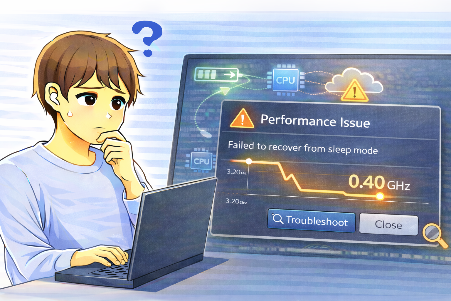 省電力モード解除後にCPUクロックが想定どおりに復帰せず、動作が不安定になっているノートパソコンの状態を確認している人物のイラスト