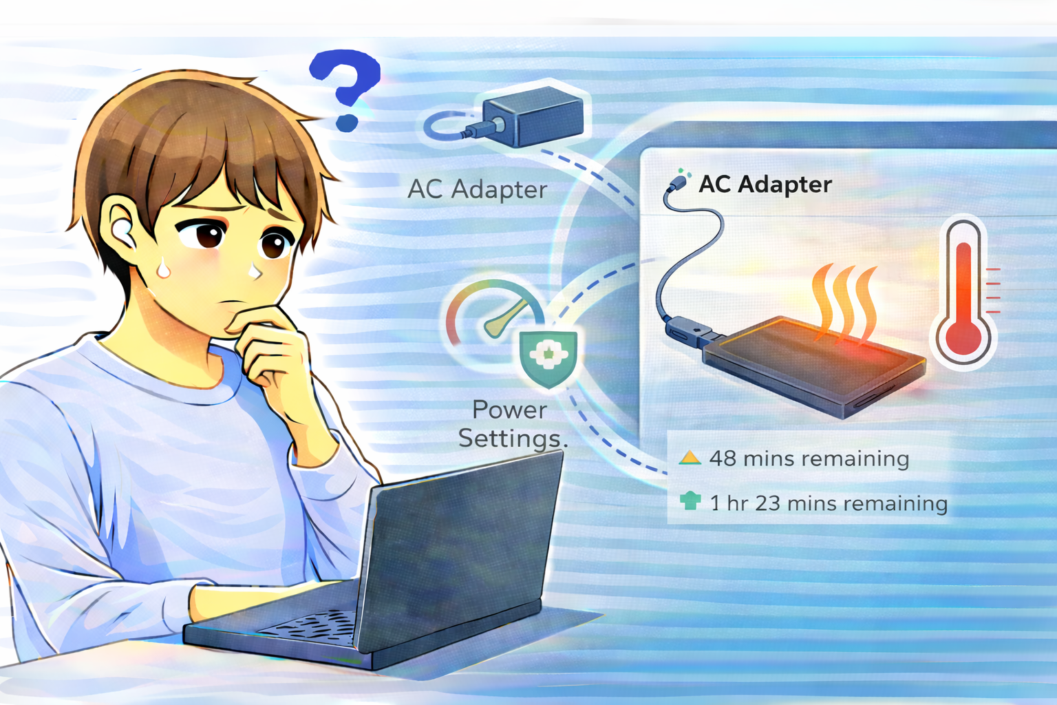 ACアダプタ接続時に本体の発熱が増え、原因を確認しているノートパソコン利用中の男性のイラスト