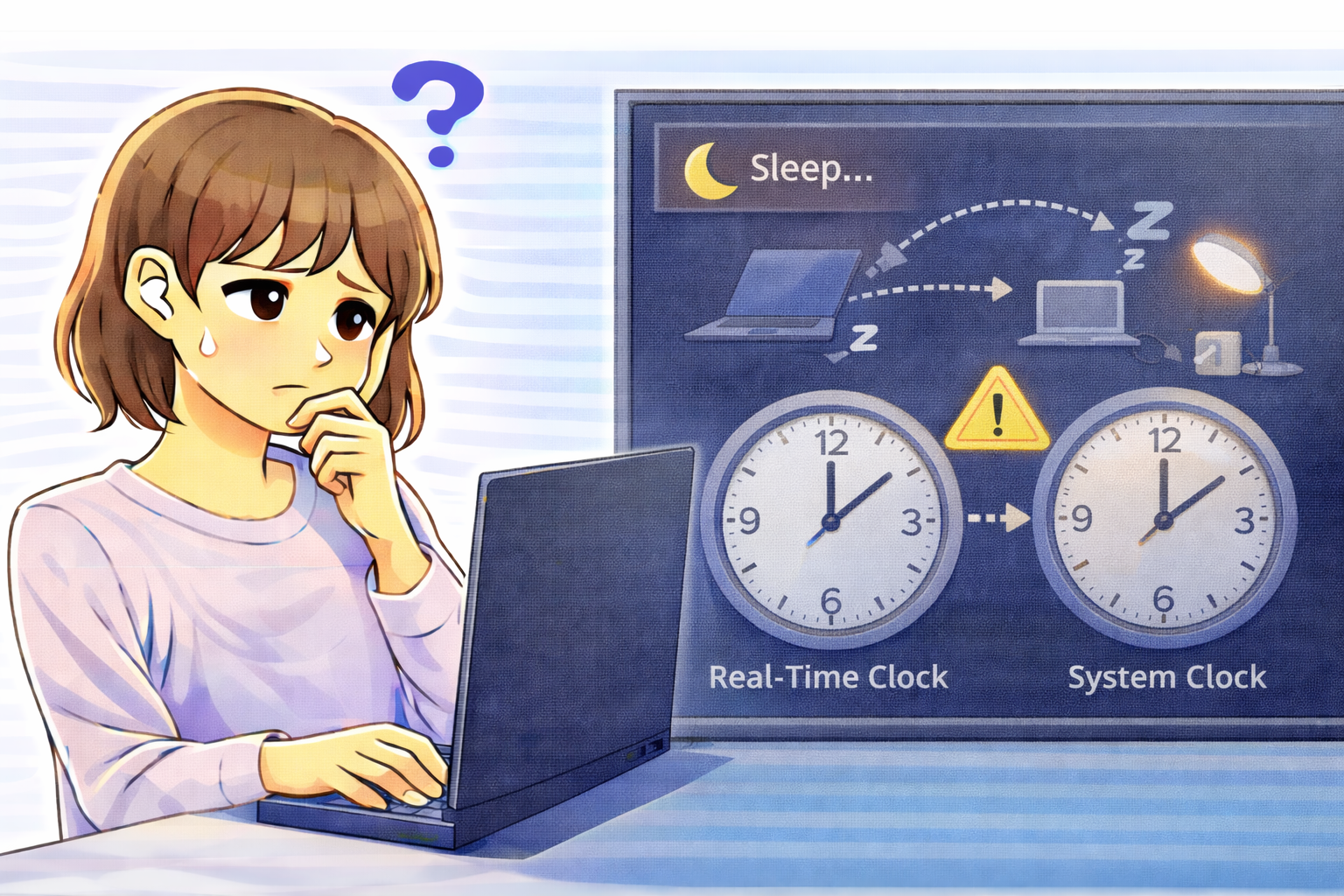 スリープ復帰後に時刻だけが正しく同期されていない状態を確認しているノートパソコン利用者のイラスト