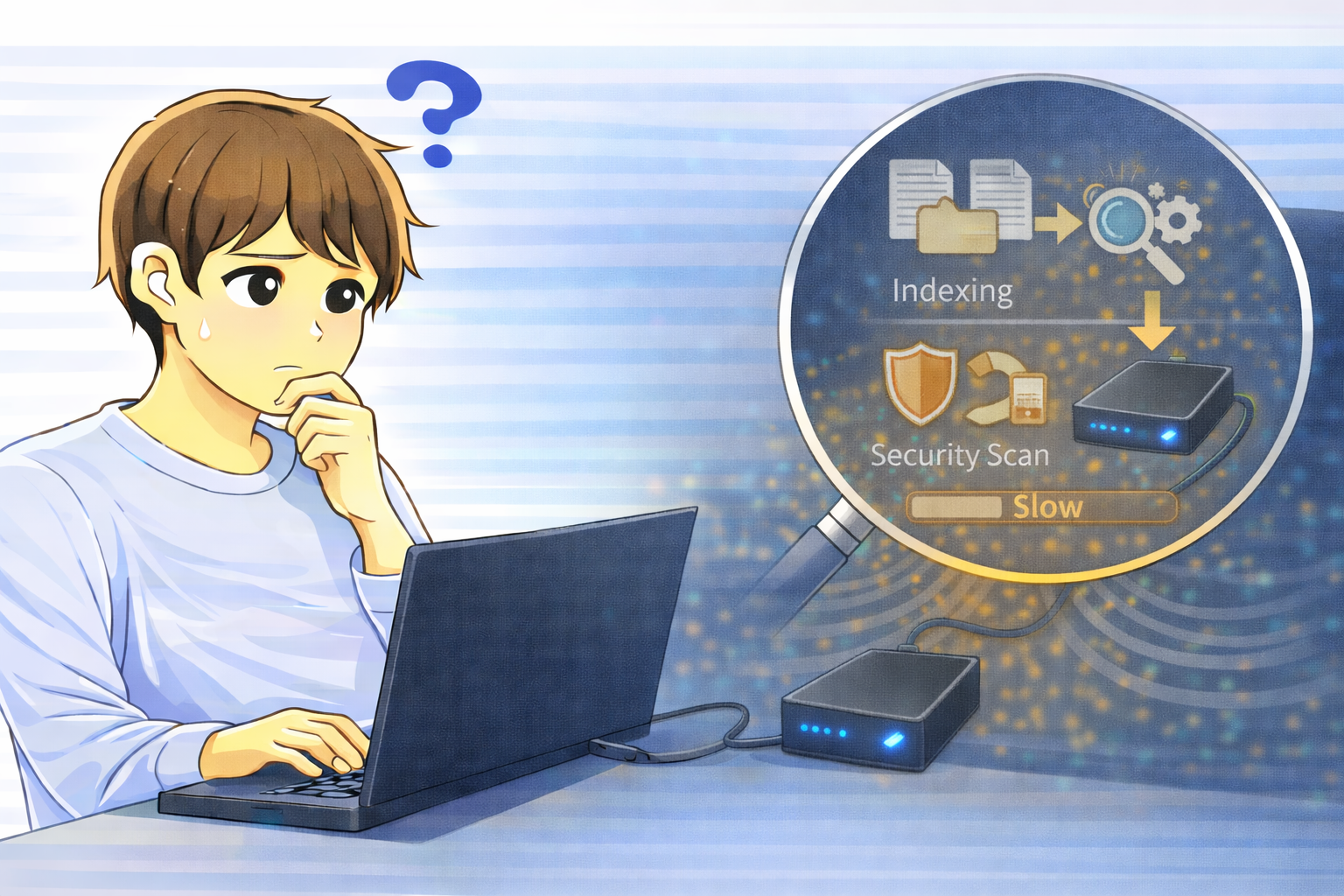 外付けHDDは認識されているものの、接続直後にインデックス生成やセキュリティスキャンが行われ、最初の動作が遅くなっている状態を確認するノートPC利用者のイラスト