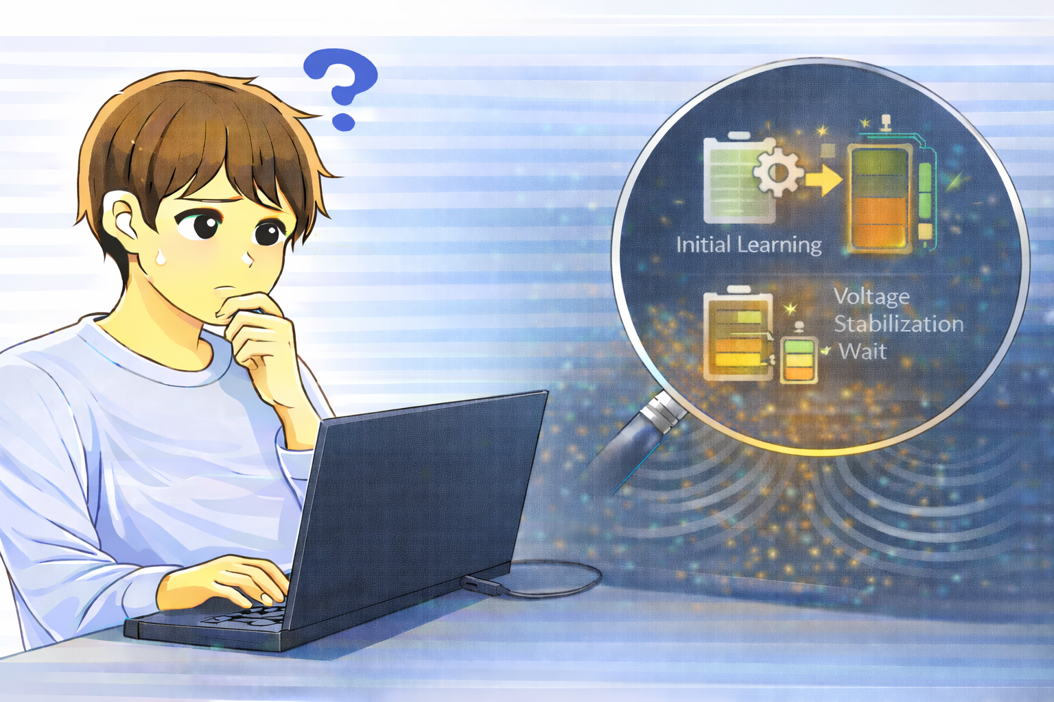 起動後しばらくしてバッテリー残量表示が補正され、初回学習や電圧の安定を待つ処理が行われている状態を確認するノートPC利用者のイラスト