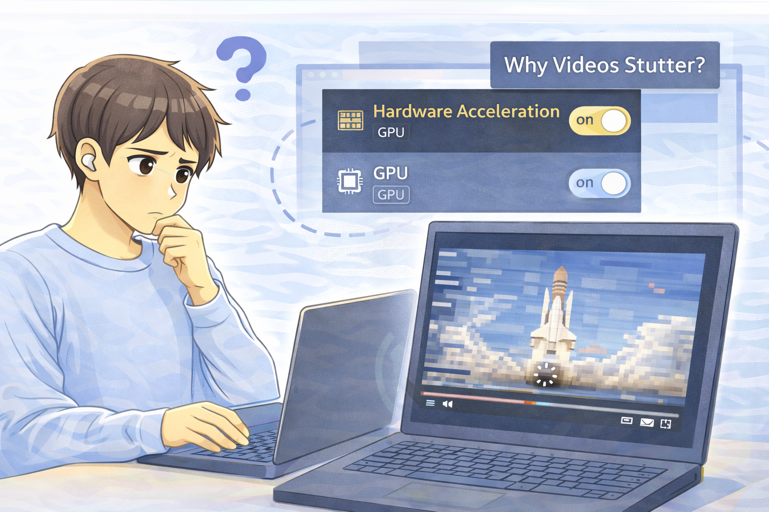 動画再生時に画面がカクつき、GPUやハードウェアアクセラレーション設定を確認している男性とPC画面のイラスト