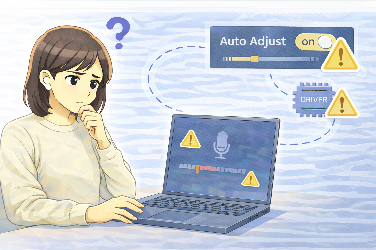 PCでマイク音量が極端に小さく、自動調整設定やドライバの影響を確認している女性とノートPC画面のイラスト