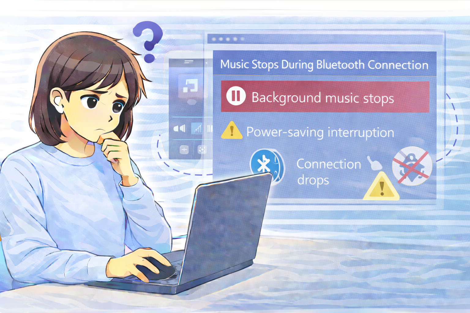 Bluetooth接続中にバックグラウンドで音楽が停止し、接続や省電力設定を確認している様子