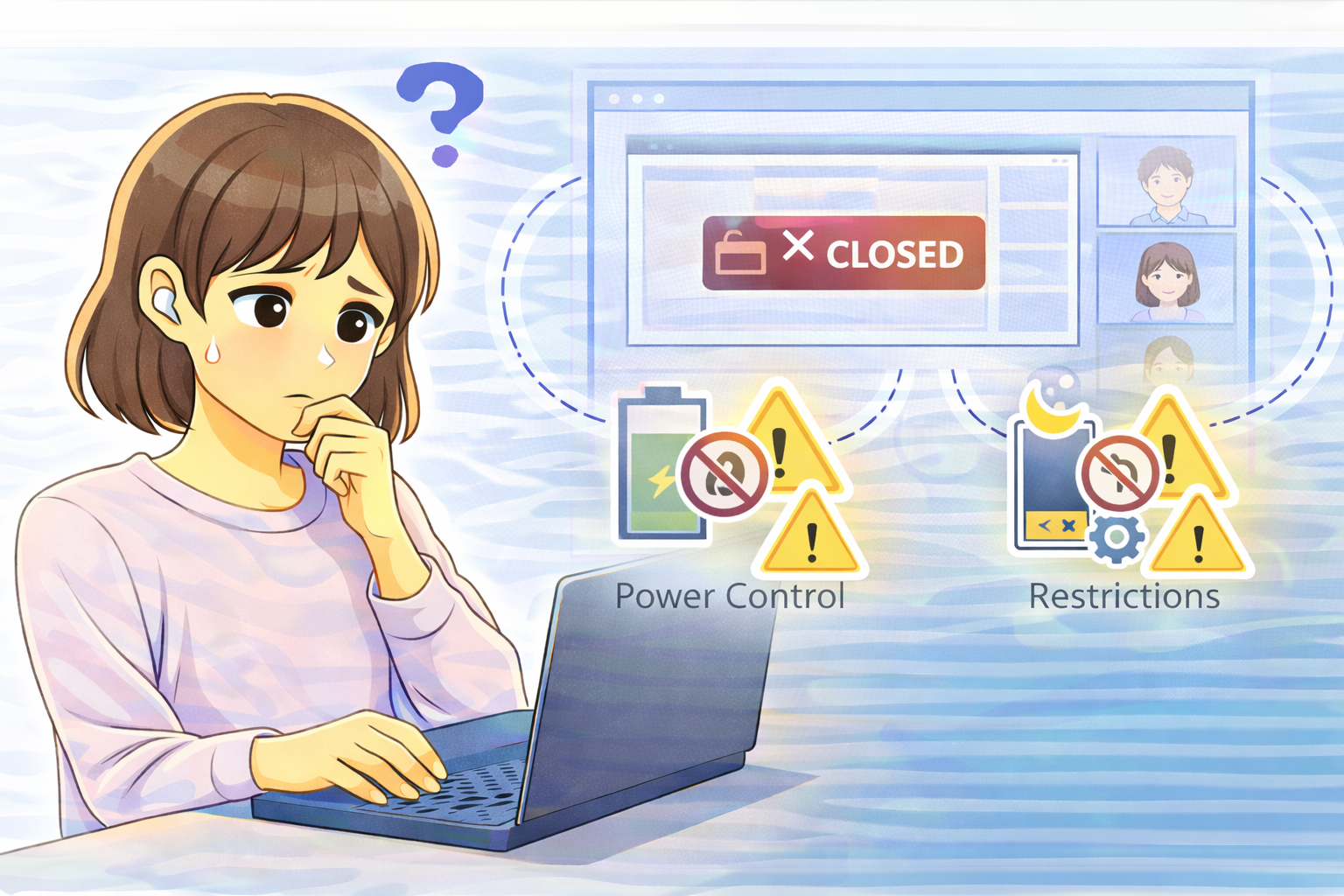 アプリがバックグラウンドで終了してしまい困っている女性と、右側に省電力制御や制限設定の影響を示す警告表示が描かれたイラスト