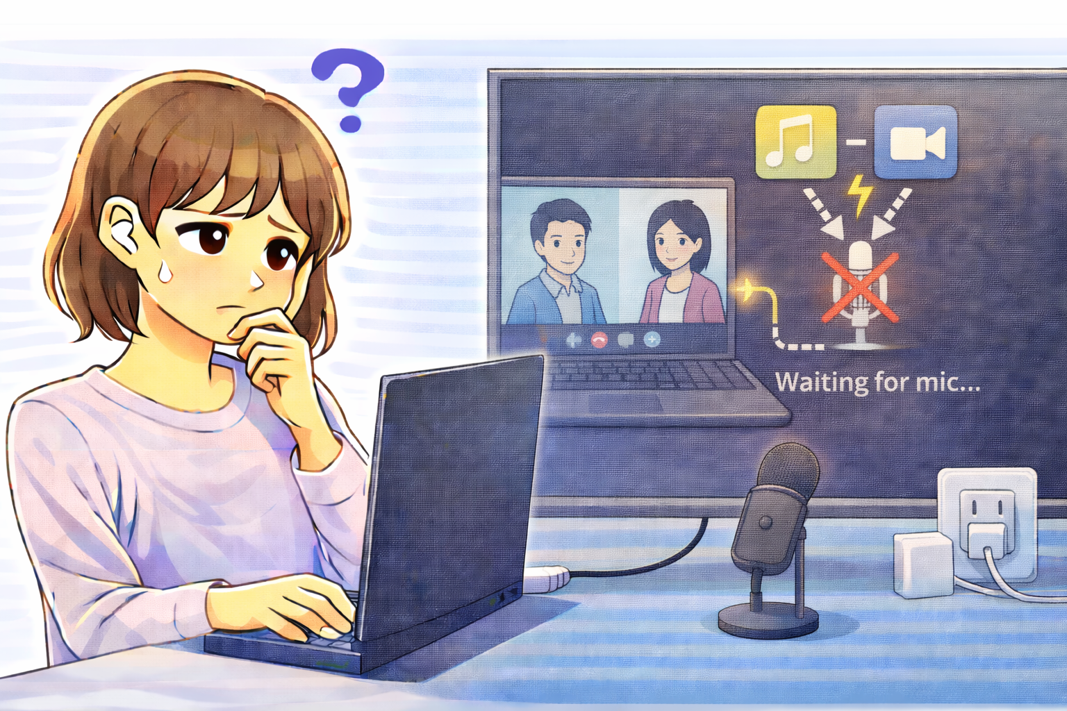 Web会議に参加した直後にマイクの音声が入力されない状態を確認しているノートパソコン利用者のイラスト