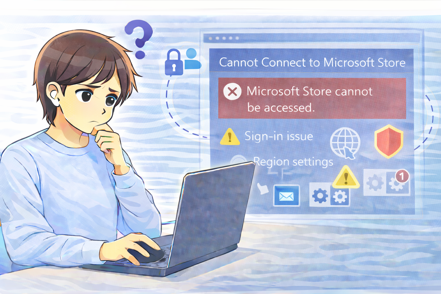 Microsoft Storeだけ接続できず、サインインや地域設定、サービス状態を確認している様子