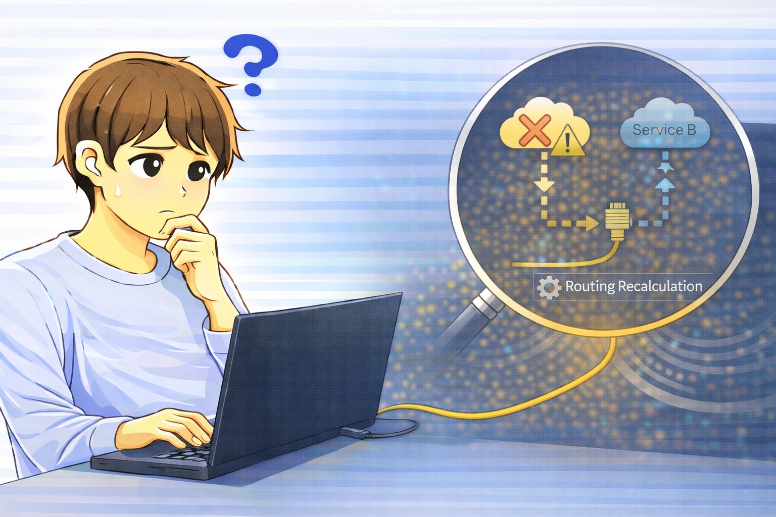 有線LAN接続直後に一部クラウドサービスの通信が確立せず、ルーティング再計算による通信経路の切り替えが進行している状態を確認するノートPC利用者のイラスト