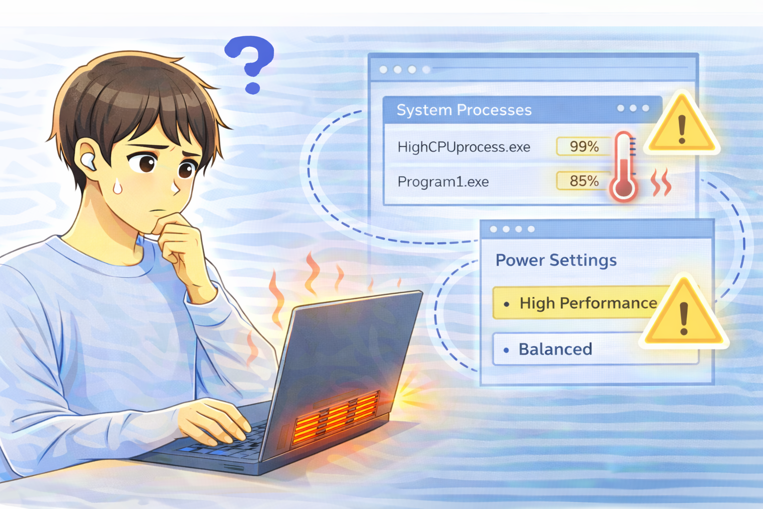 低負荷状態にもかかわらずノートPCが発熱しており、常駐プロセスと電源設定の状態を確認している男性のイラスト